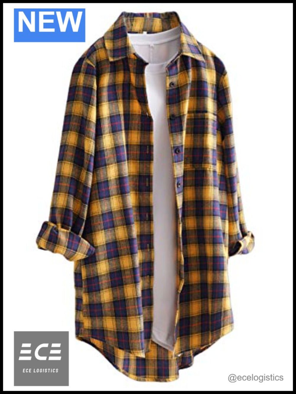 Plaid Button Down Tunic Top Long Sleeve Oversized High Low Shirt